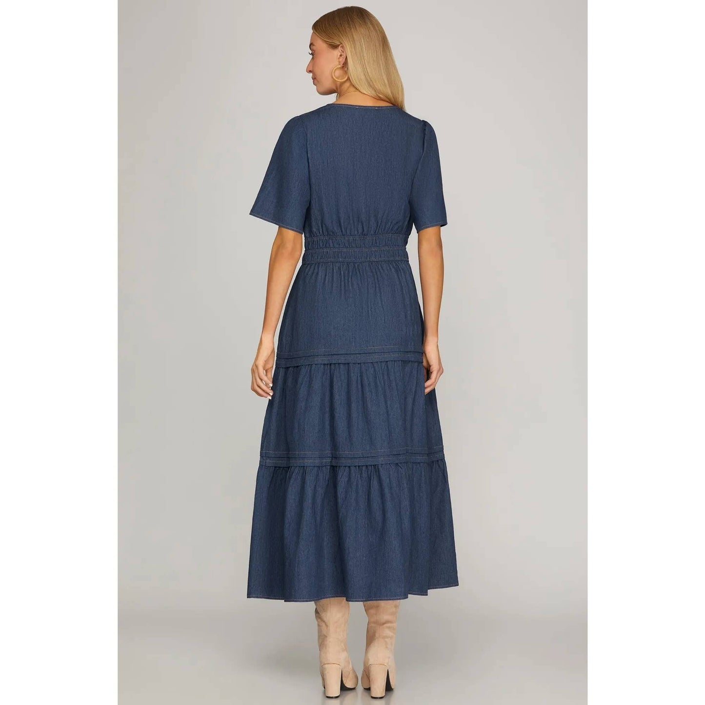 DENIM V NECK TIERED MIDI DRESS