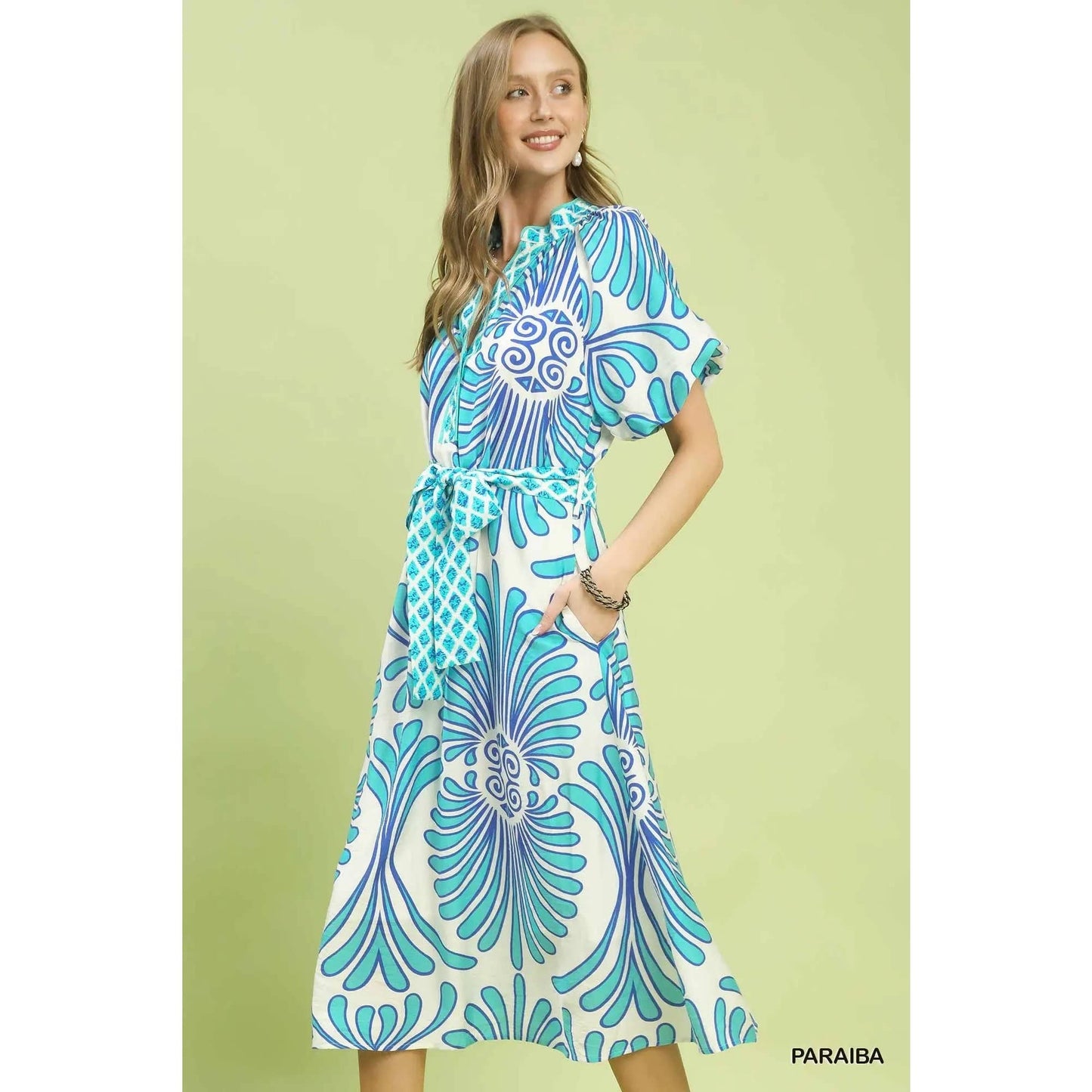 Geo Floral Belted Midi Dress