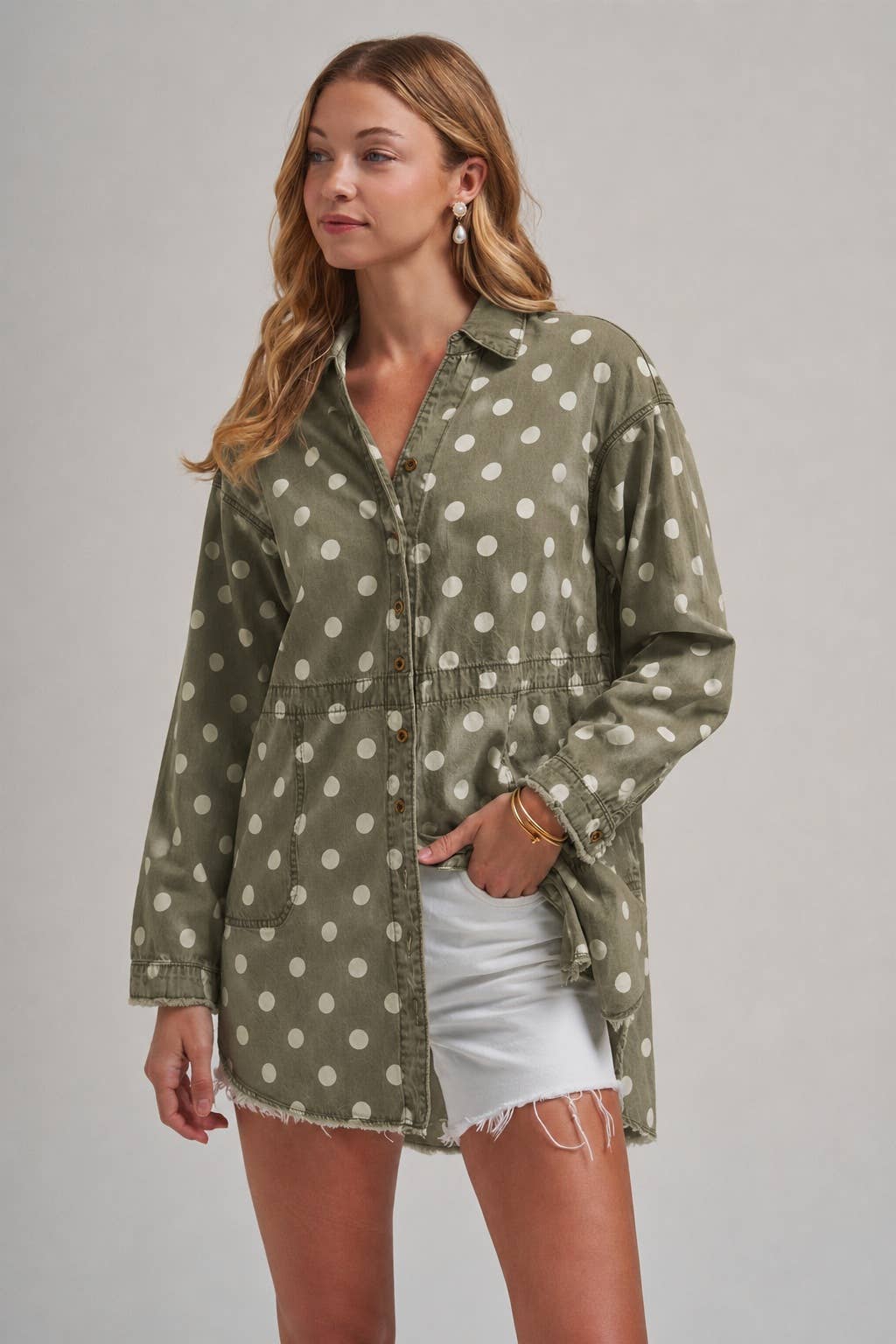 POLKA DOT FALL CHAMBRAY SHIRT TOP WITH POCKETS