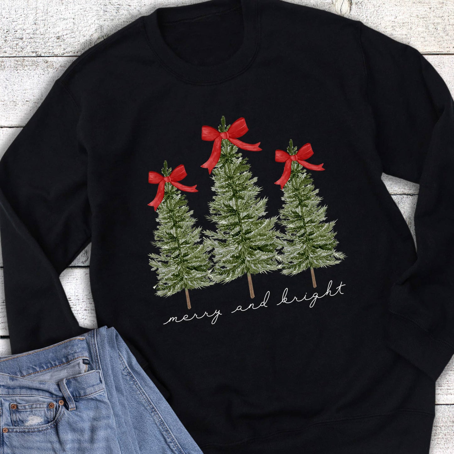 Christmas Tree Trio Coquette Merry and Bright Sweatshirt