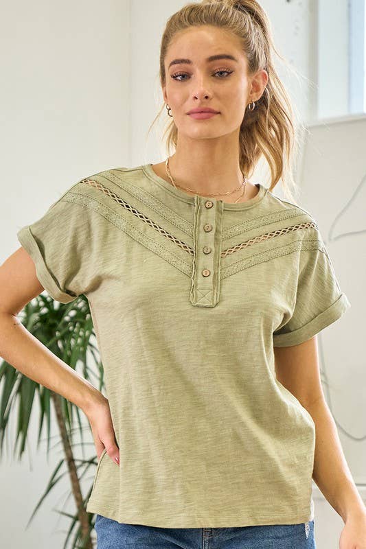 Pistachio Henley Dolman Short Sleeve Tee With Lace Trim
