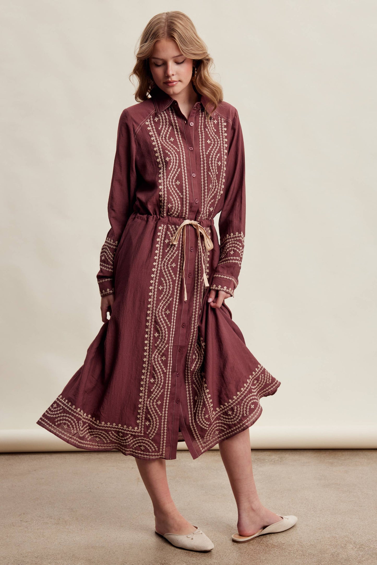 Embroidered Button Front Midi