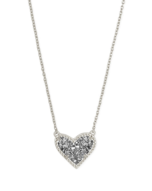 Kendra Scott ARI HEART SHORT PENDANT NECKLACE SILVER PLATINUM DRUSY