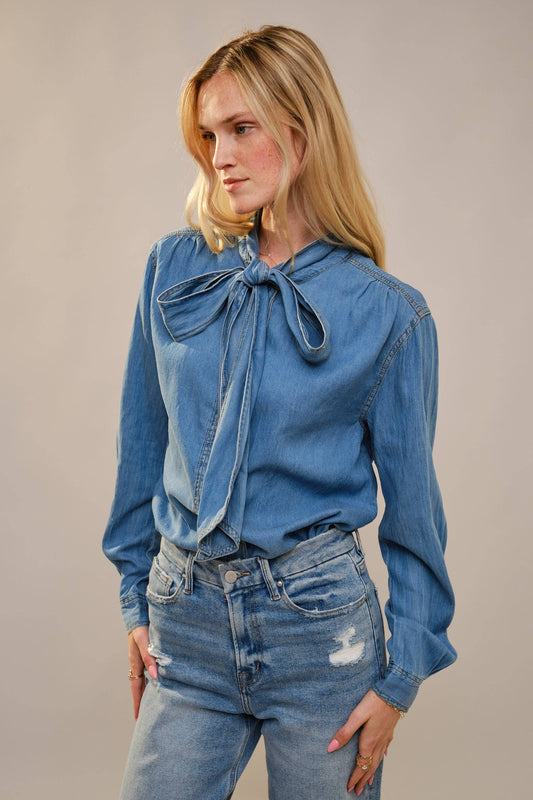 Tie Neck Hidden Button Chambray Blouse