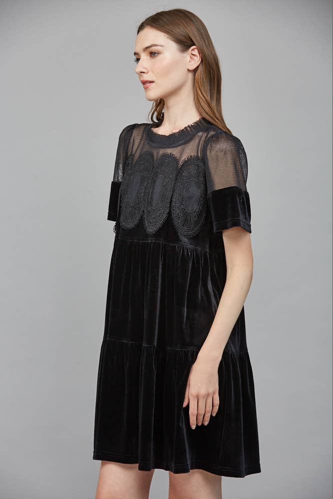 CONTRAST SHEER MESH Black INTRICATE LACE DETAIL VELVET