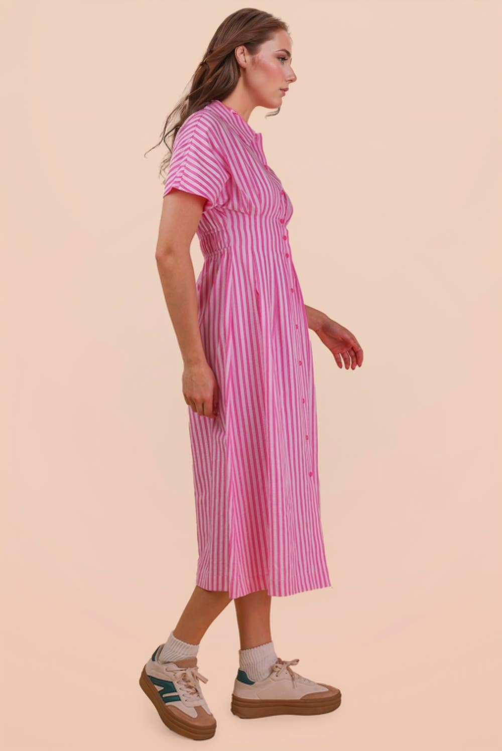 Candy Stripe Waist Pleated Midi Shirt Dress