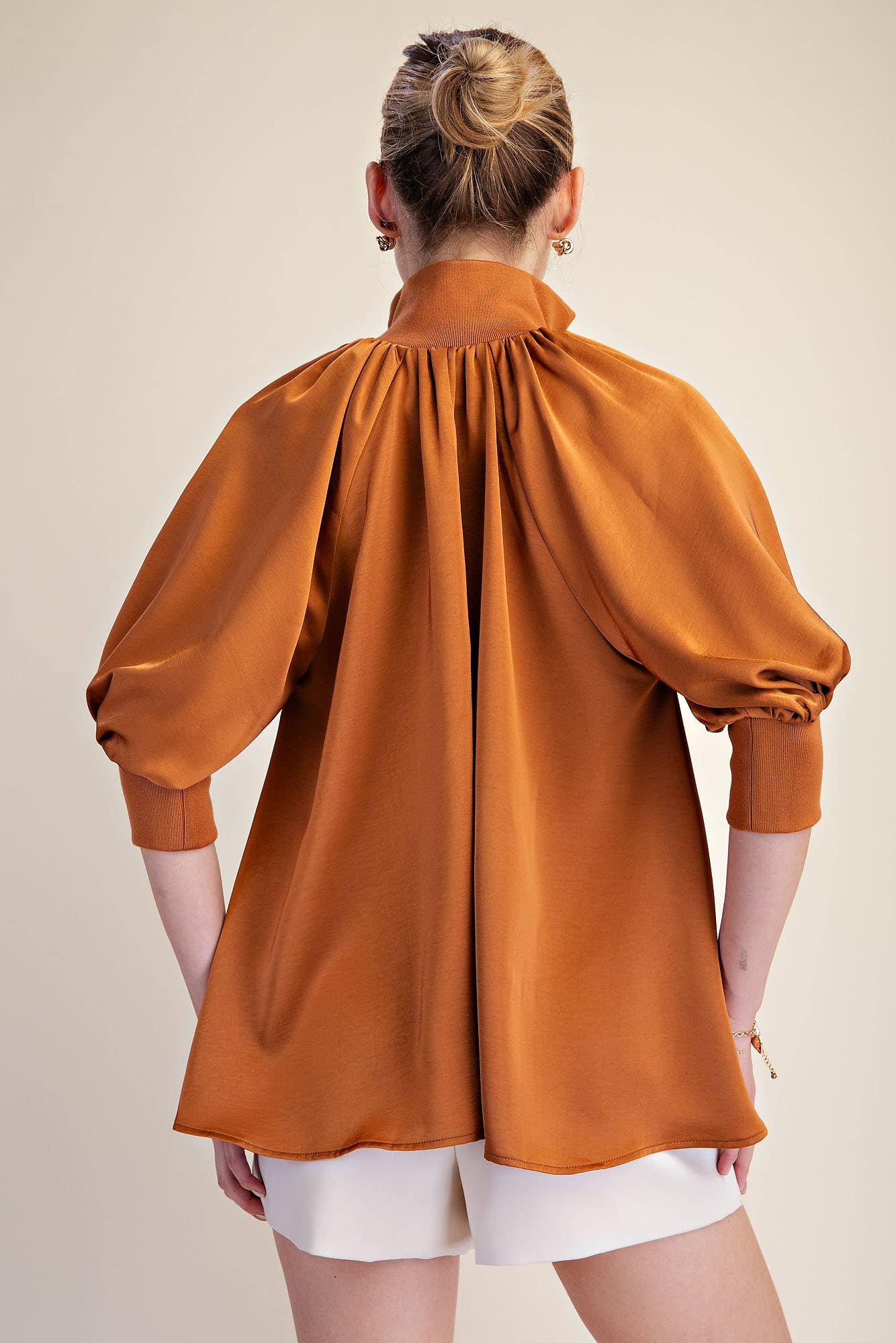 Mock Neck Band Half Zip Puff Elbow Sleeve Blouse