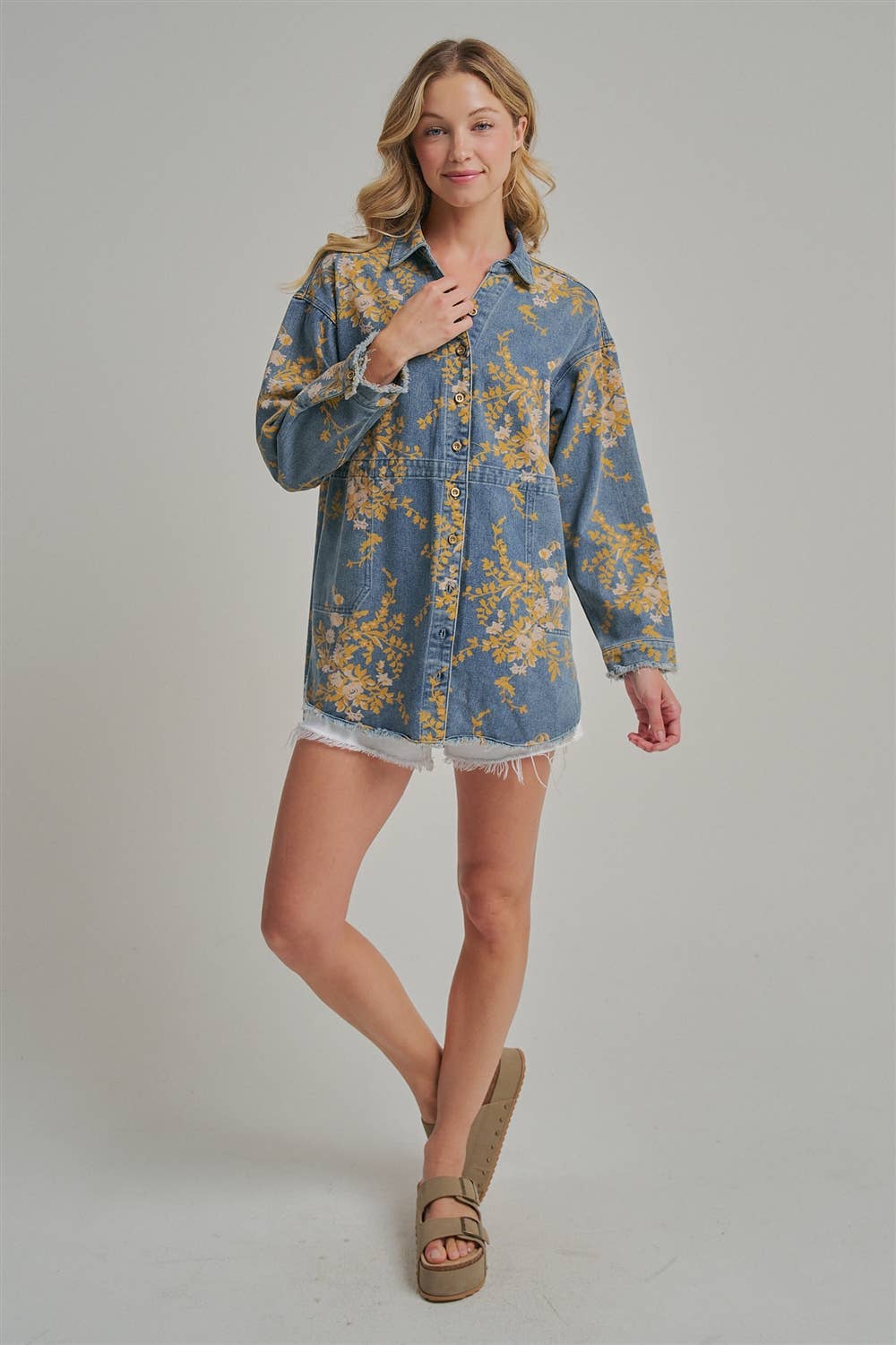 FLORAL DENIM RELAXED SHIRT TOP WITH POCKETS