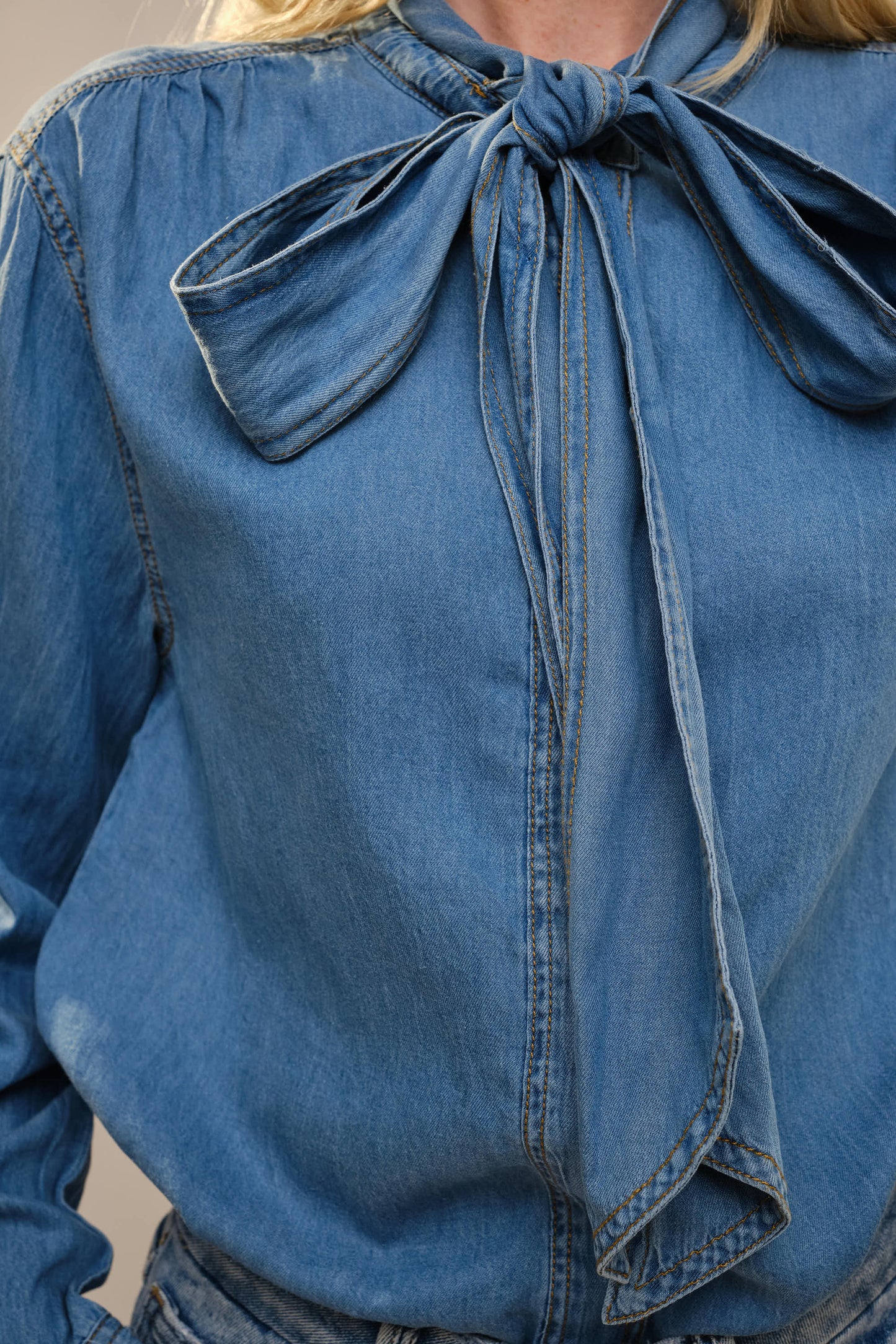 Tie Neck Hidden Button Chambray Blouse