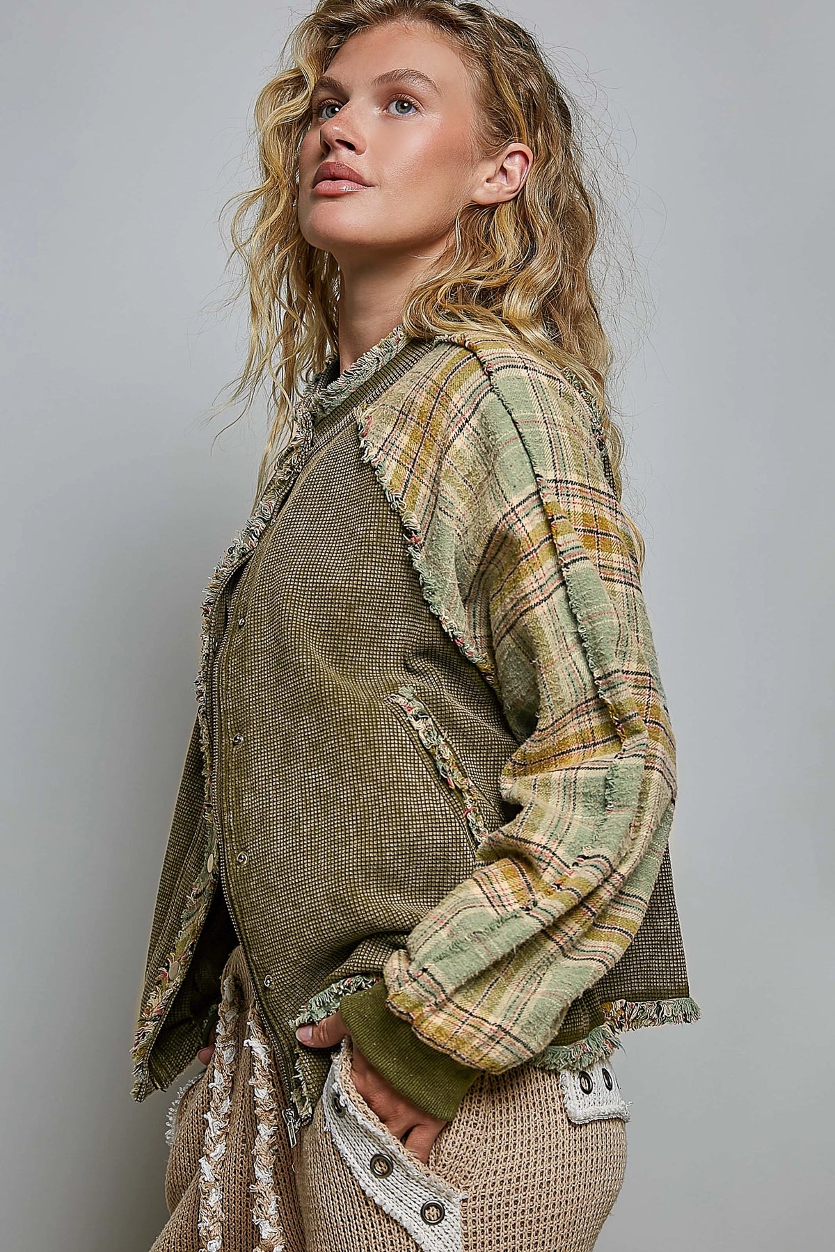 Plaid Patch Vintage Washing Rib Band Wrist Jacket