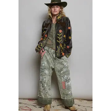 Vine Embroidery Floral Open-Front Closure Velvet Jacket