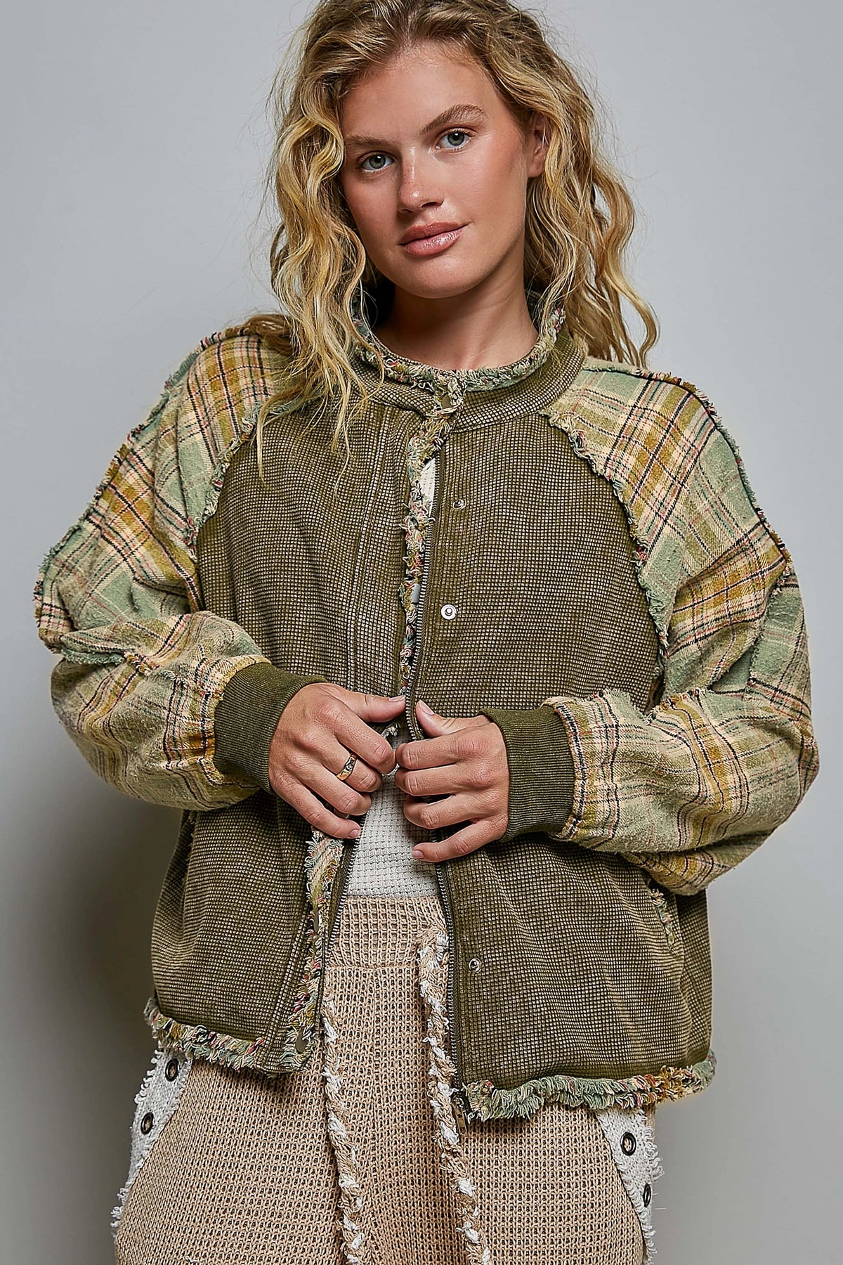 Plaid Patch Vintage Washing Rib Band Wrist Jacket