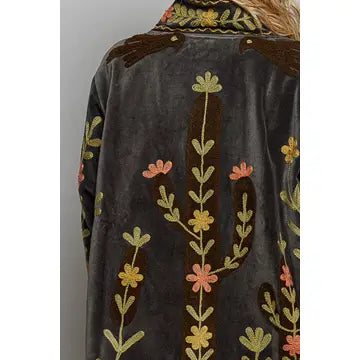 Vine Embroidery Floral Open-Front Closure Velvet Jacket