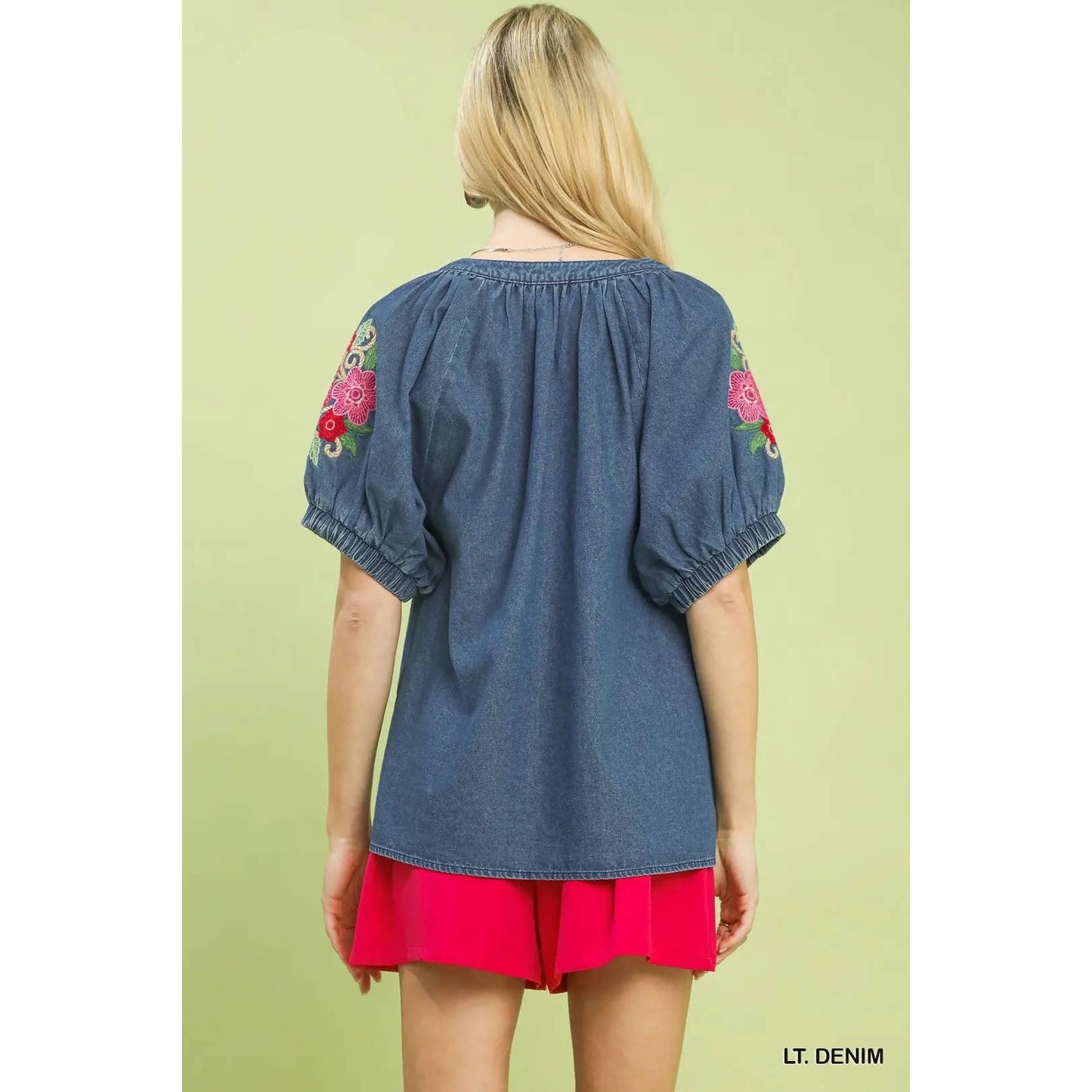Denim Embroidered Puff Sleeve Boho Top