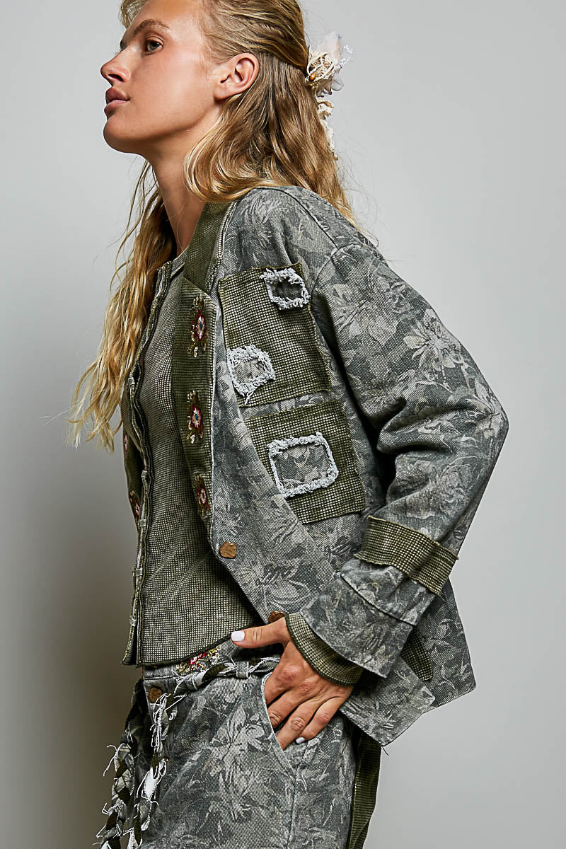 Vintage Wash Thermal Patch Floral Embroidery Jacket Top