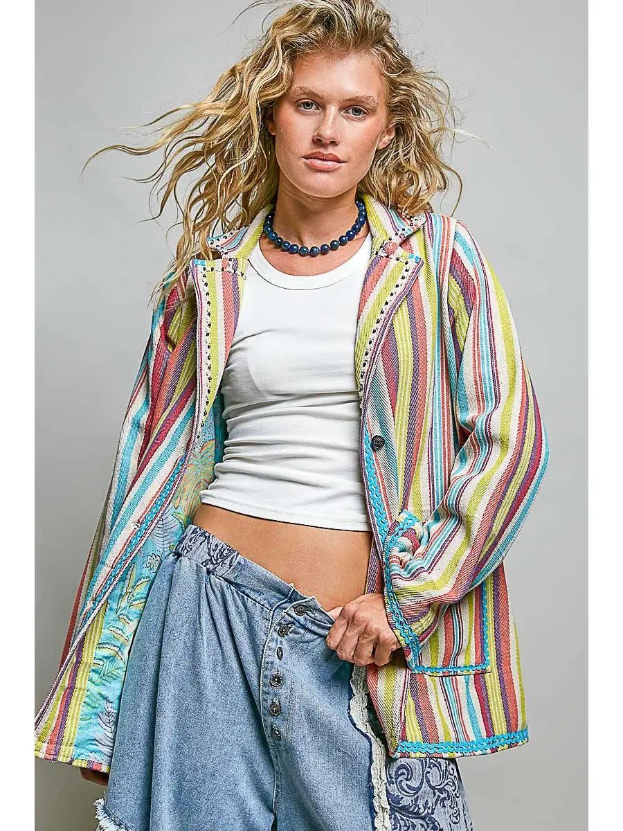 Lightweight Notch Collar Contrast Woven Button Jacket