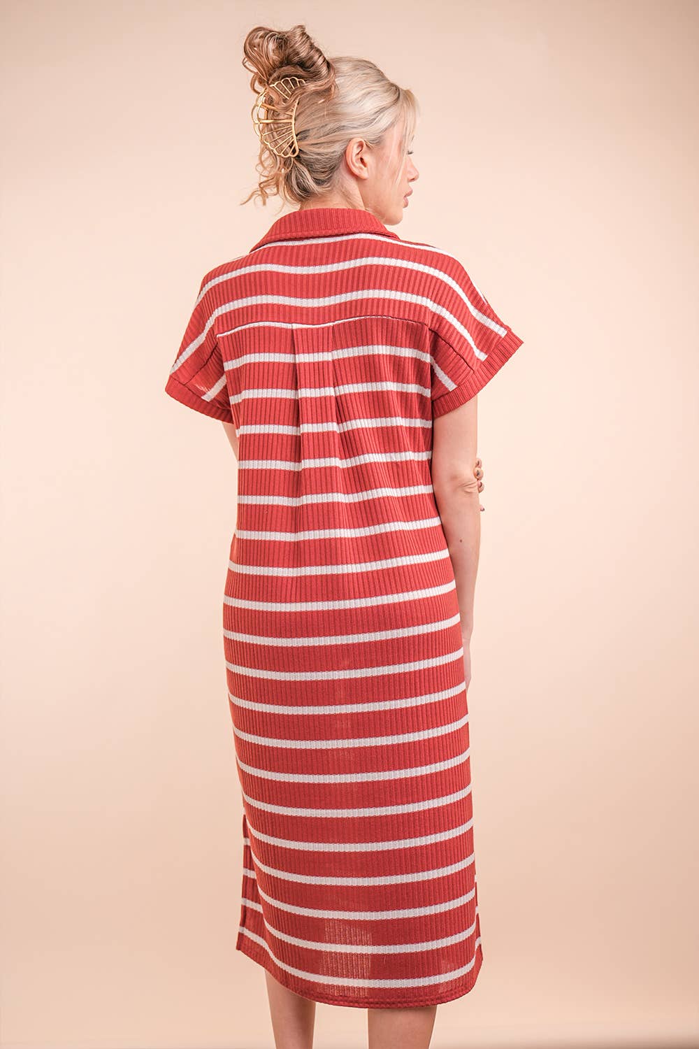 Oversized Collared Striped Knit Midi Dress