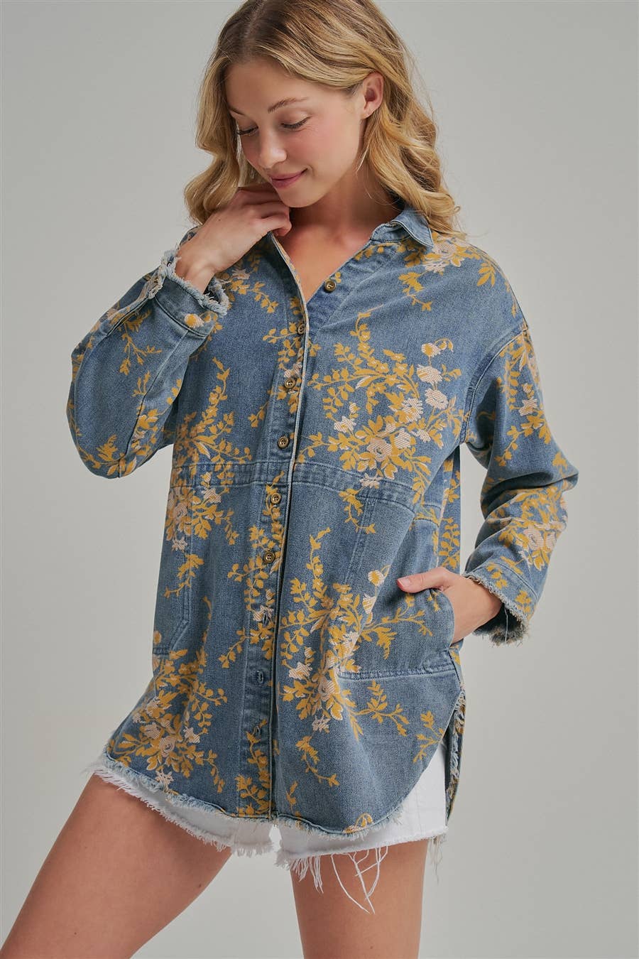 FLORAL DENIM RELAXED SHIRT TOP WITH POCKETS