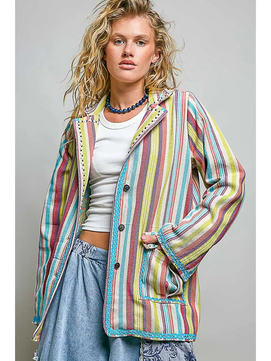 Lightweight Notch Collar Contrast Woven Button Jacket