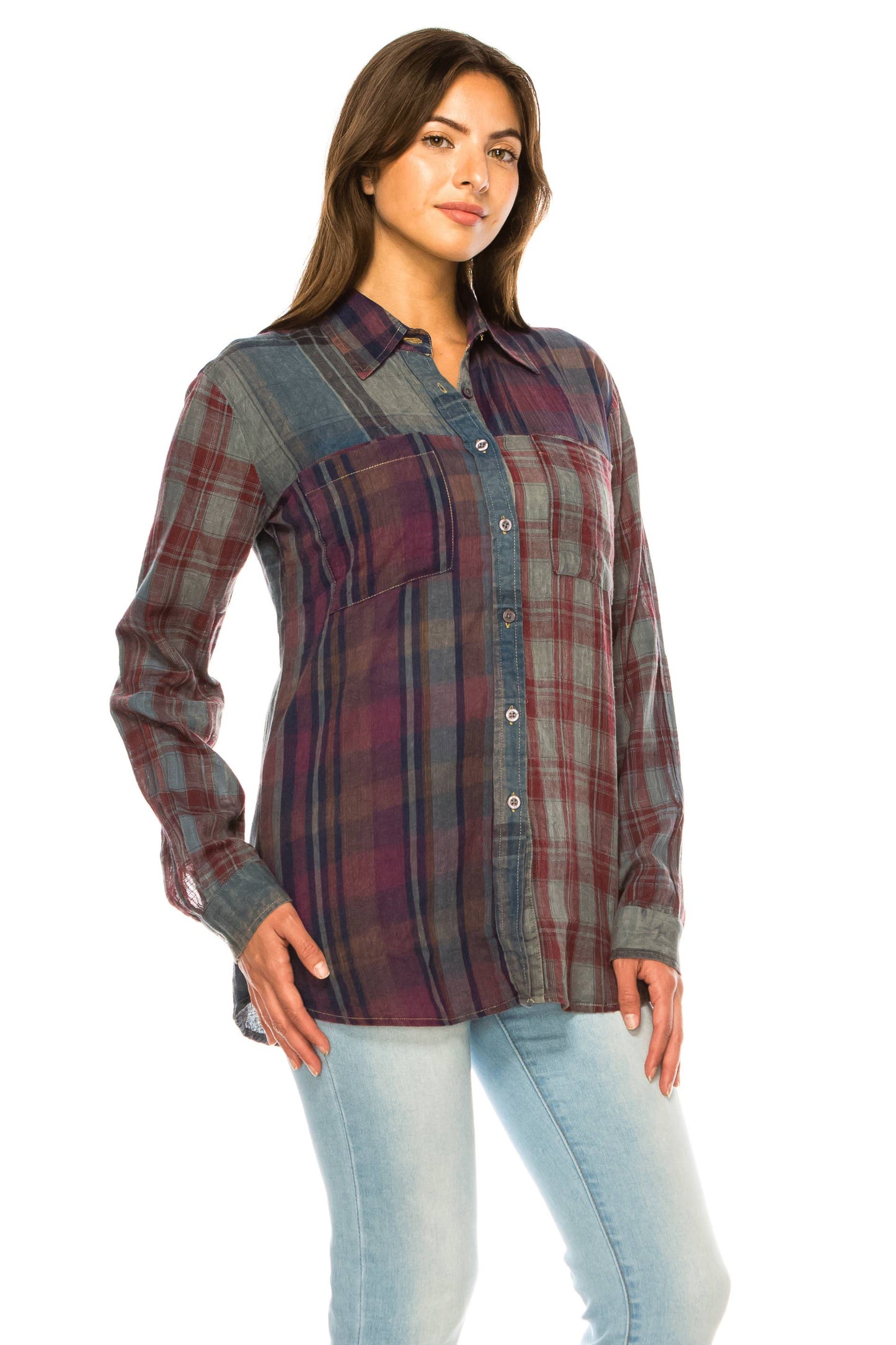 Zoee Mixed Plaid Print Button Down Shirt