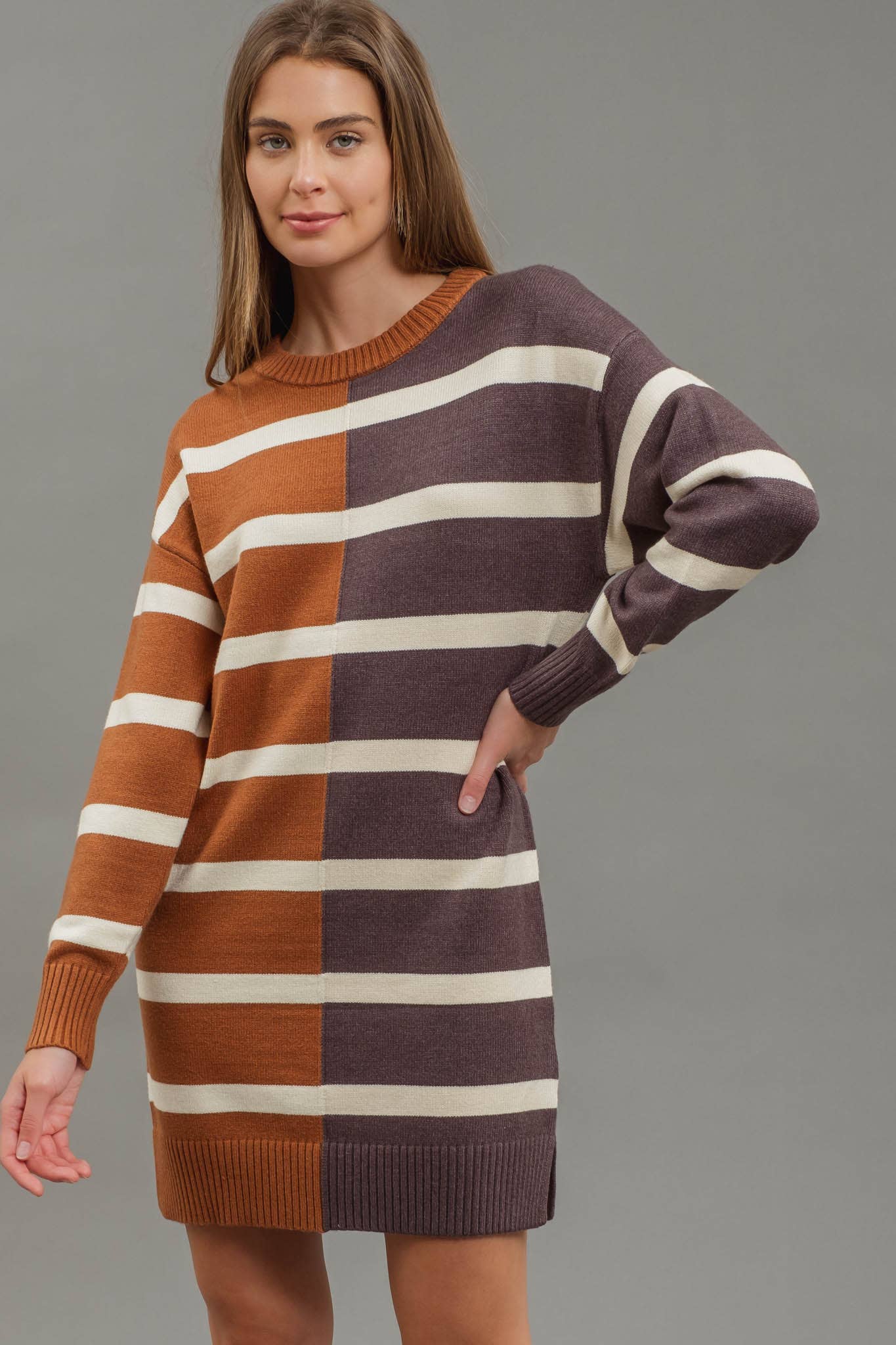 STRIPE COLORBLOCK LONG SLEEVE MINI SWEATER DRESS