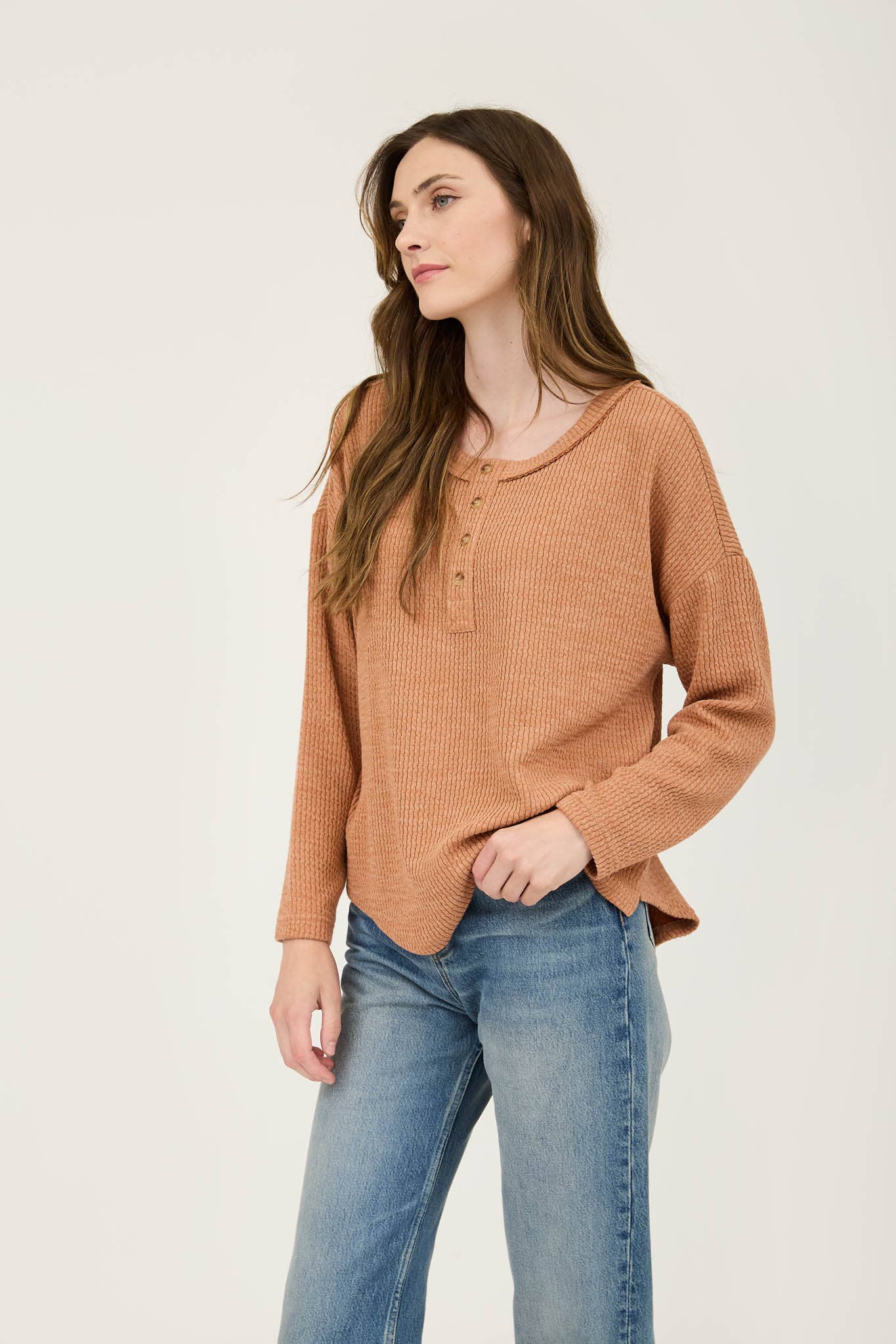 WAFFLE KNIT HENLEY LONG SLEEVE KNIT TOP (3 Colors)