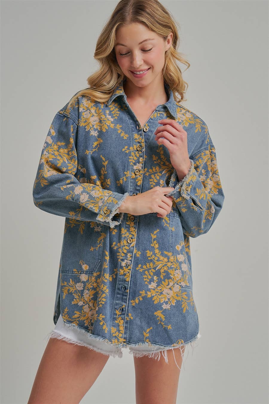 FLORAL DENIM RELAXED SHIRT TOP WITH POCKETS