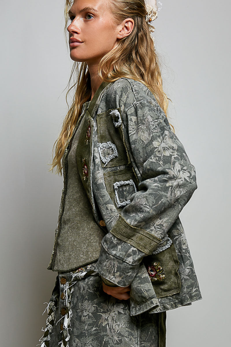 Vintage Wash Thermal Patch Floral Embroidery Jacket Top