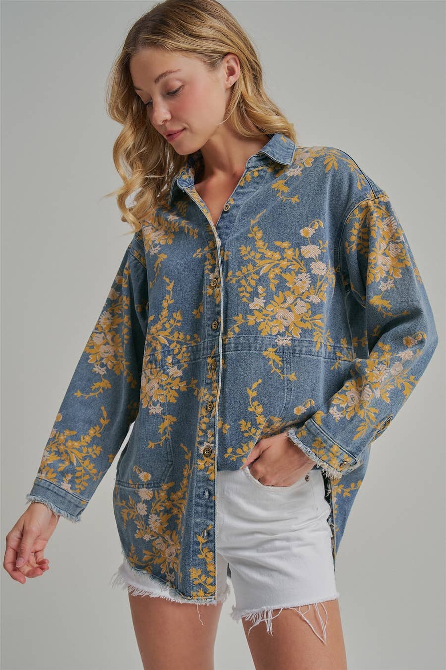 FLORAL DENIM RELAXED SHIRT TOP WITH POCKETS