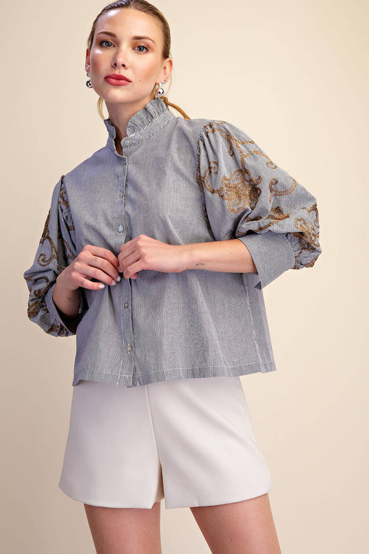 Ruffle Neck Embroidery Puff Sleeve Blouse