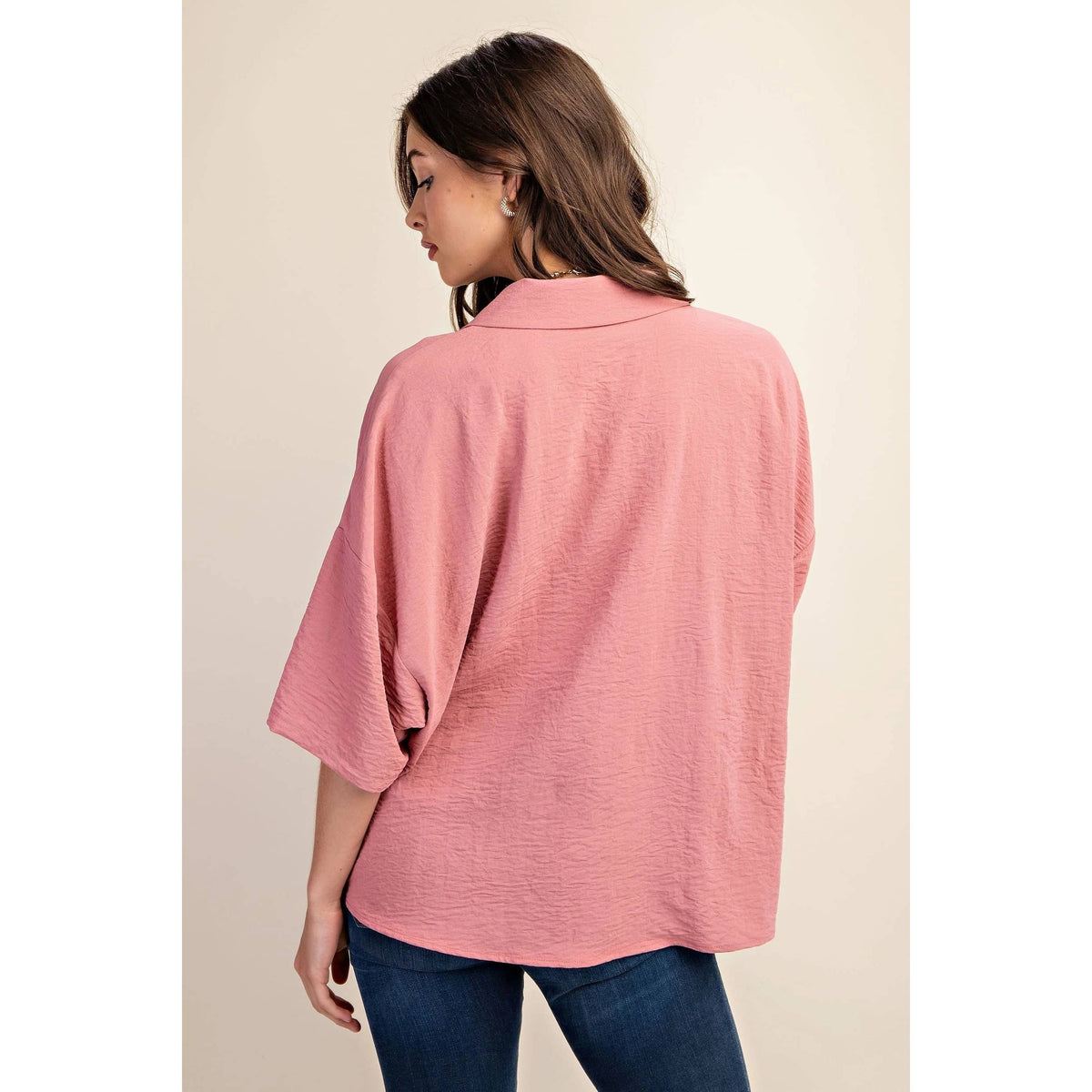 V-Neck Collared Pop Over Top-Teal or Dusty Pink
