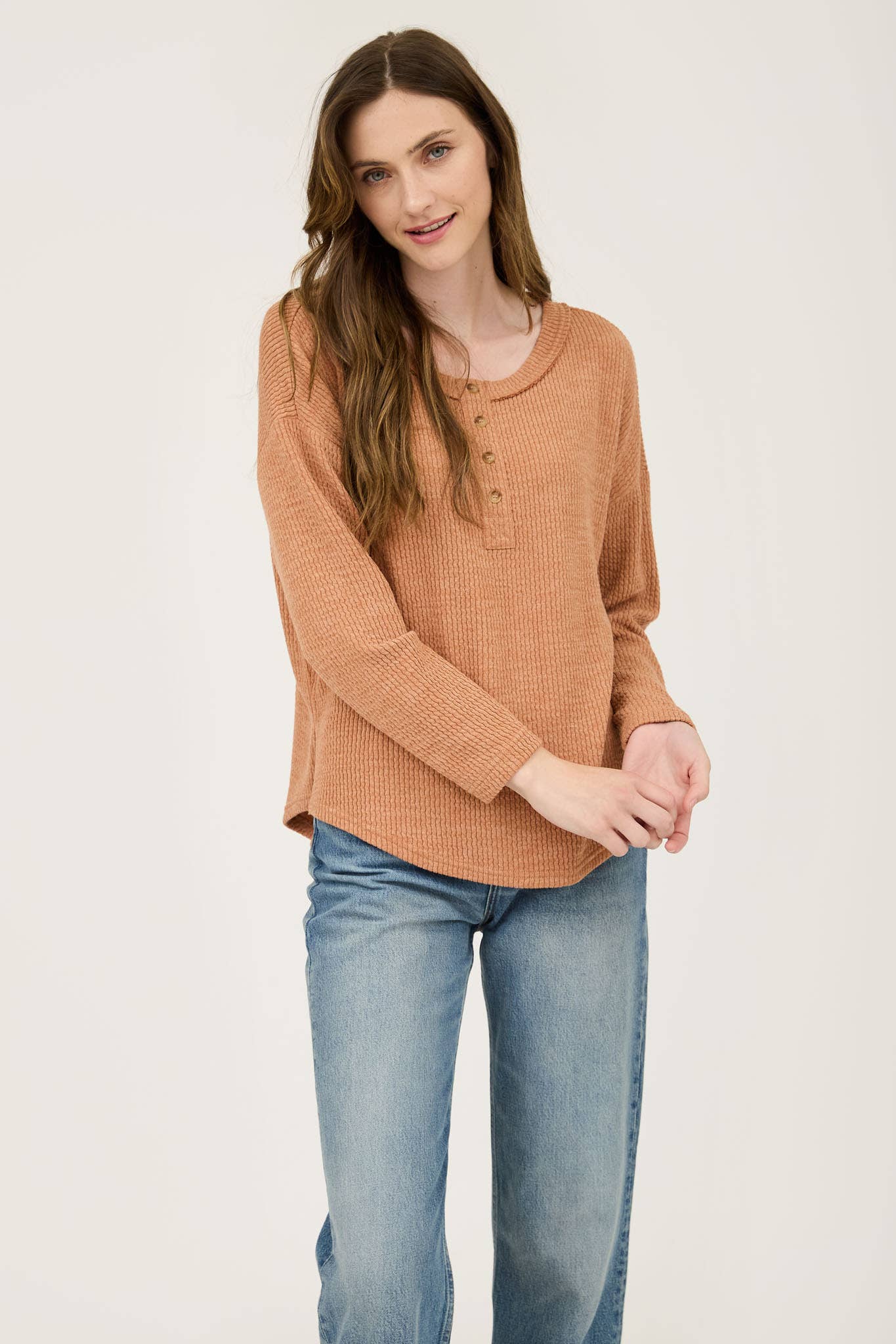 WAFFLE KNIT HENLEY LONG SLEEVE KNIT TOP (3 Colors)