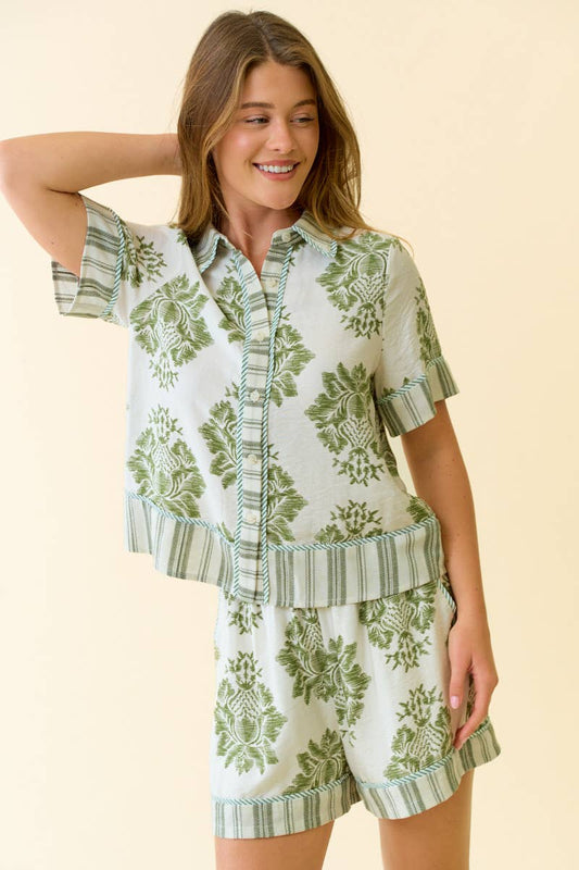 PRINT & STRIPE MIX BUTTON DOWN SHORT SLEEVE SHIRT