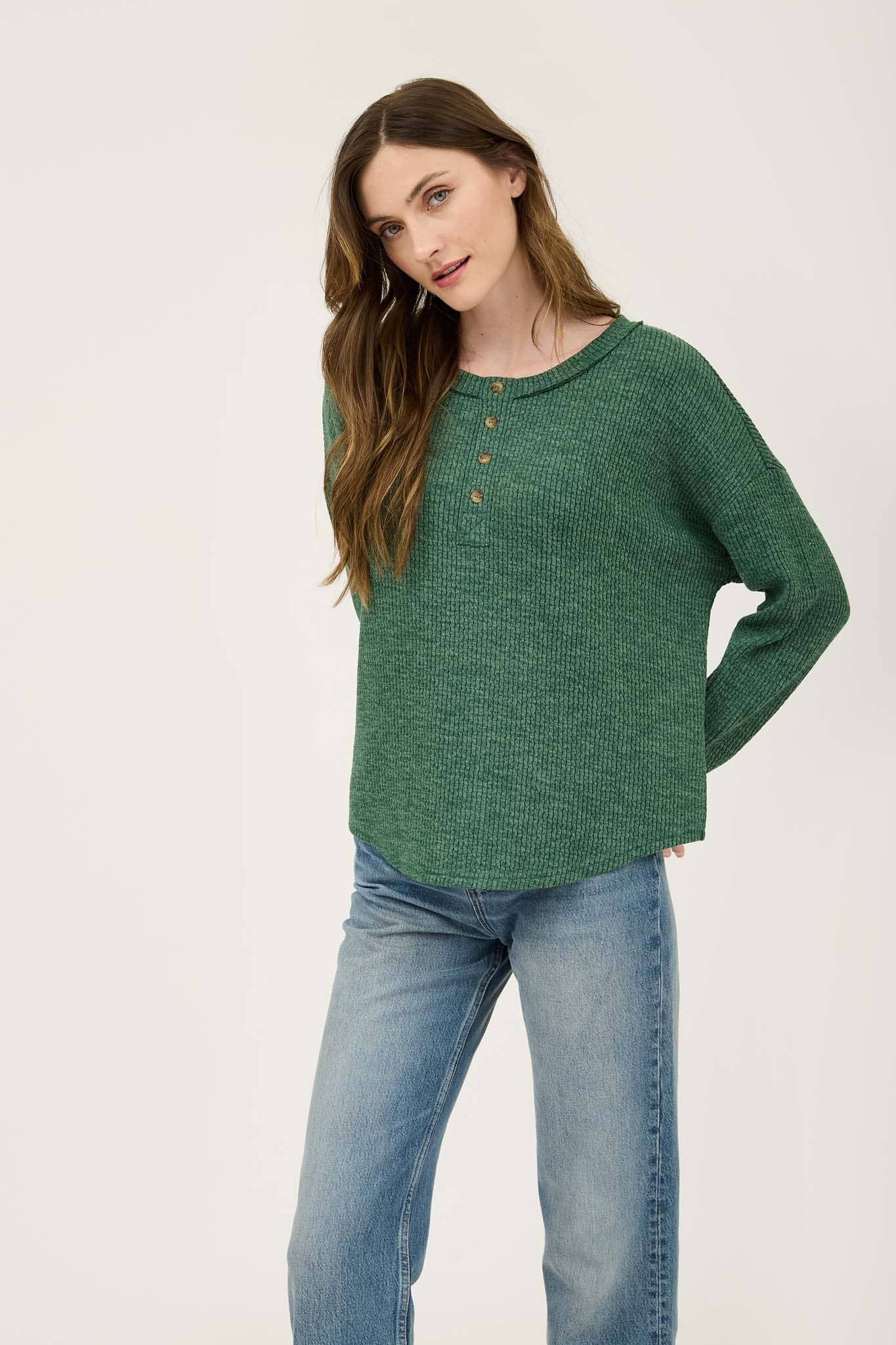 WAFFLE KNIT HENLEY LONG SLEEVE KNIT TOP (3 Colors)