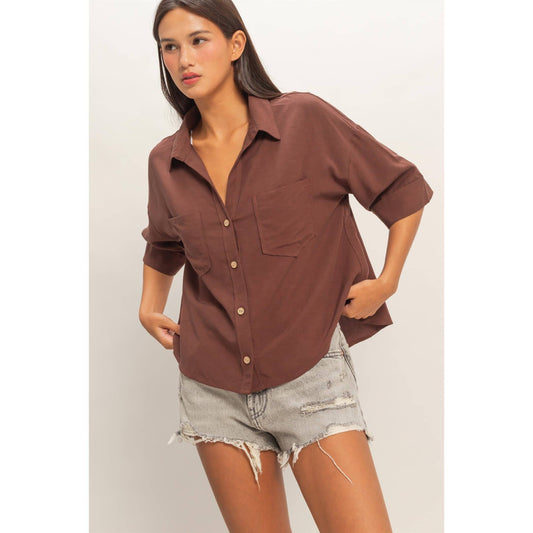Chocolate Button-Up Collared Short Sleeve Shirt