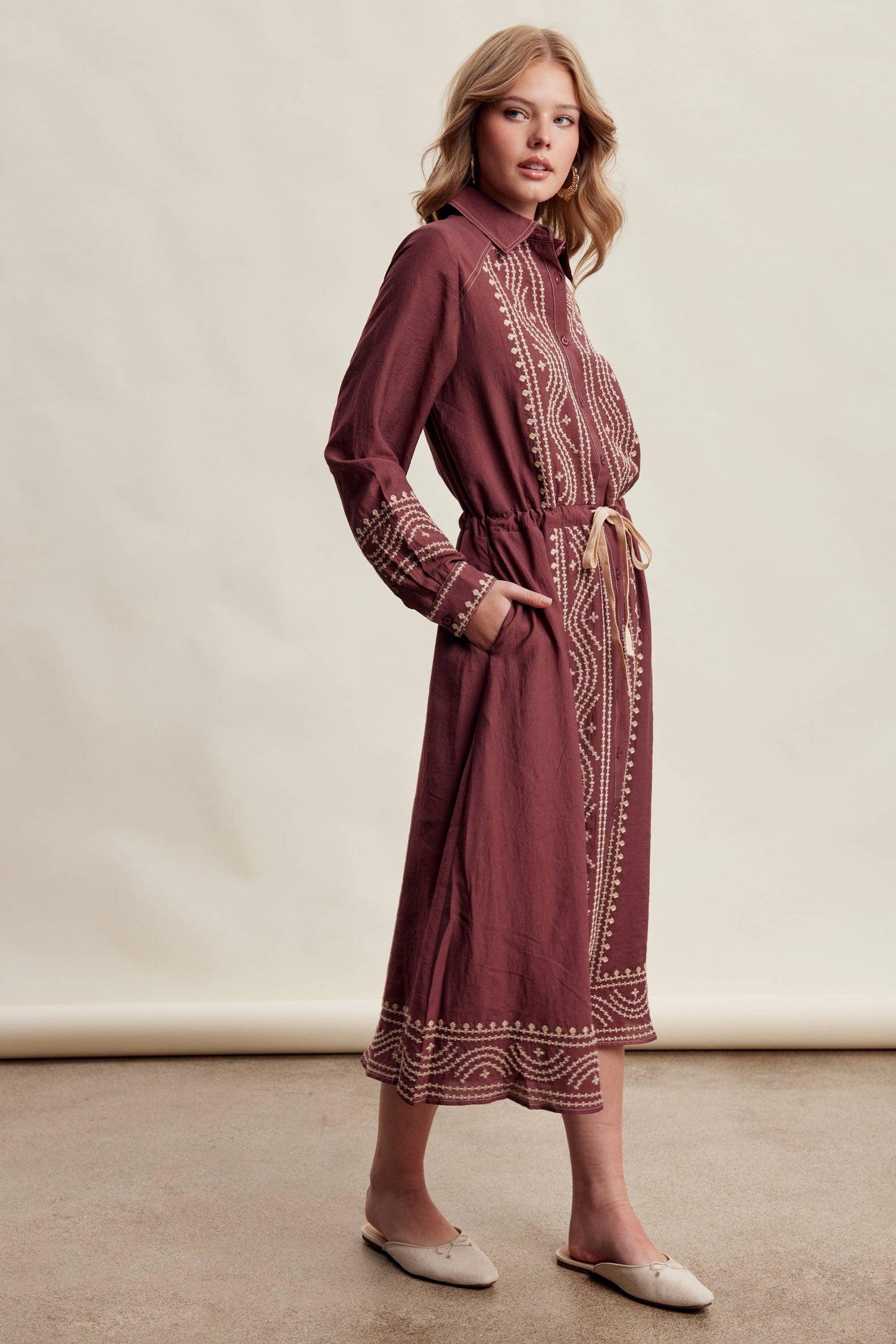 Embroidered Button Front Midi