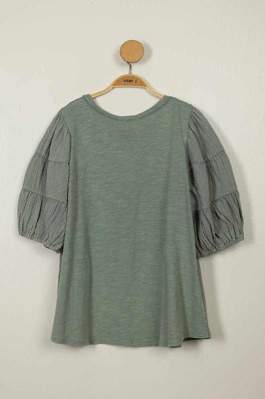 Mineral Washed Puff Sleeve Top (sage or blue)