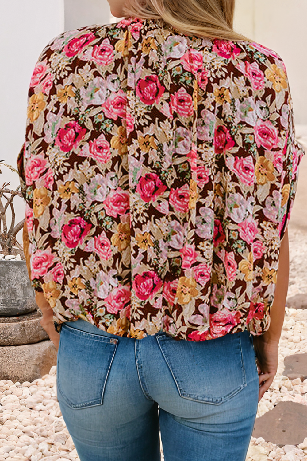 Floral Print Tie-Neck Short Sleeve Shift Blouse