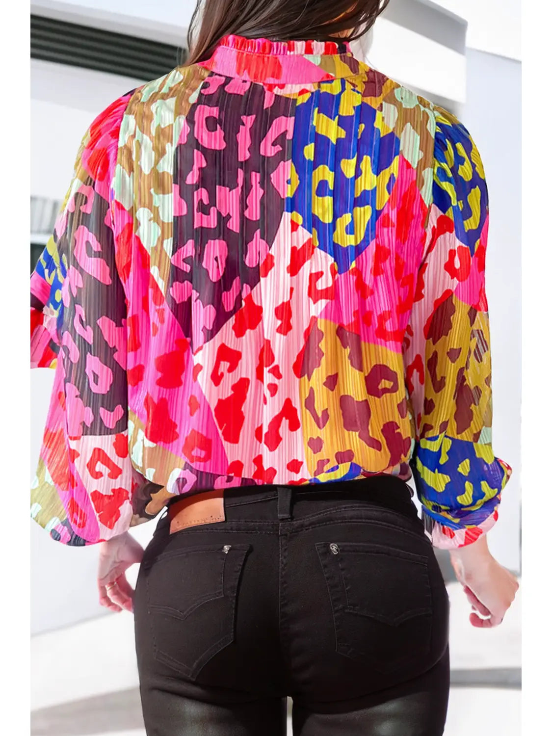 Tammy Leopard Color Block Printed Crinkle Blouse