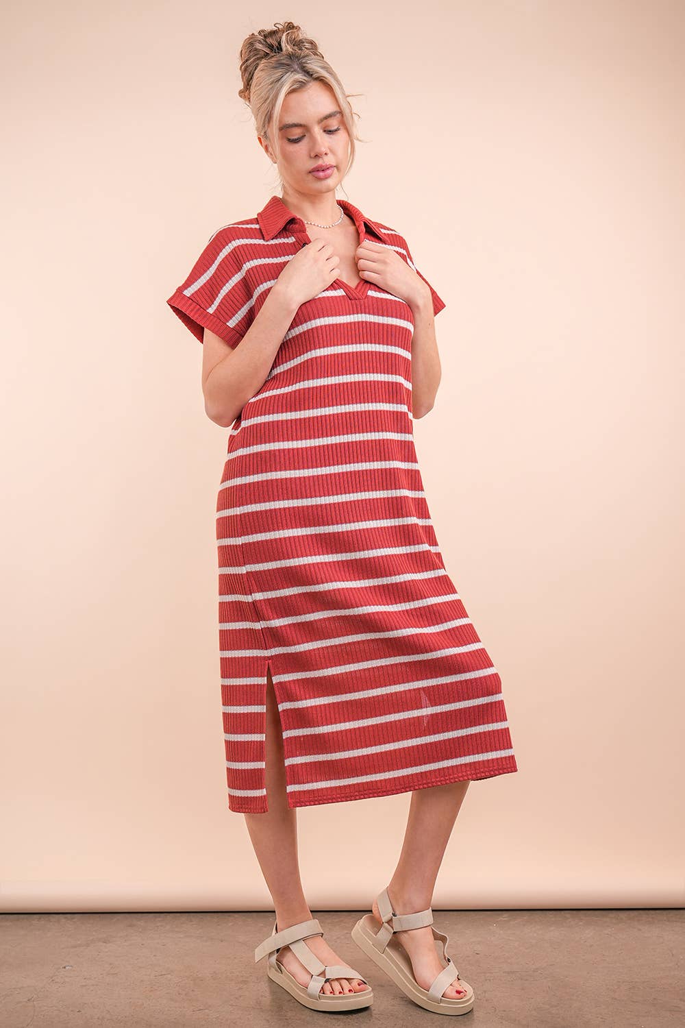 Oversized Collared Striped Knit Midi Dress