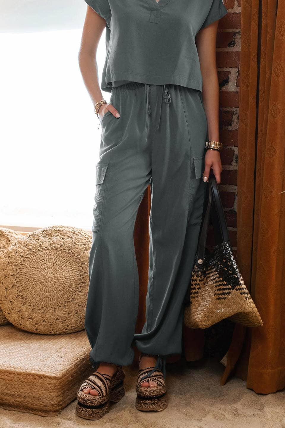 HIGH WAIST DRAWSTRING CARGO PANTS (2 Colors)