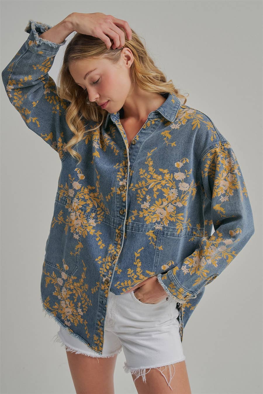 FLORAL DENIM RELAXED SHIRT TOP WITH POCKETS
