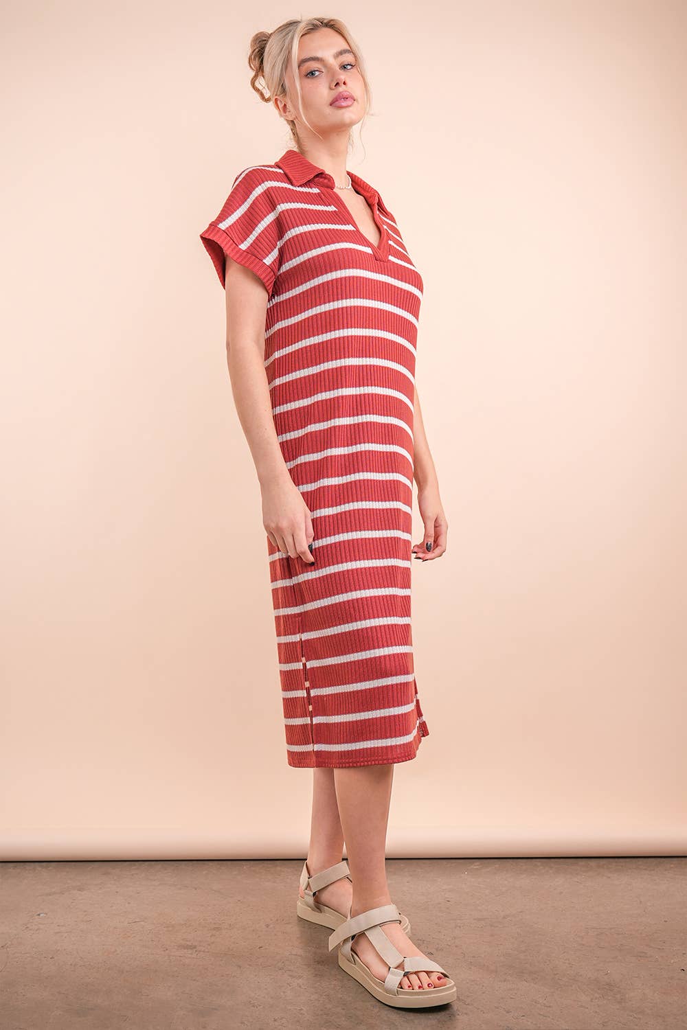 Oversized Collared Striped Knit Midi Dress