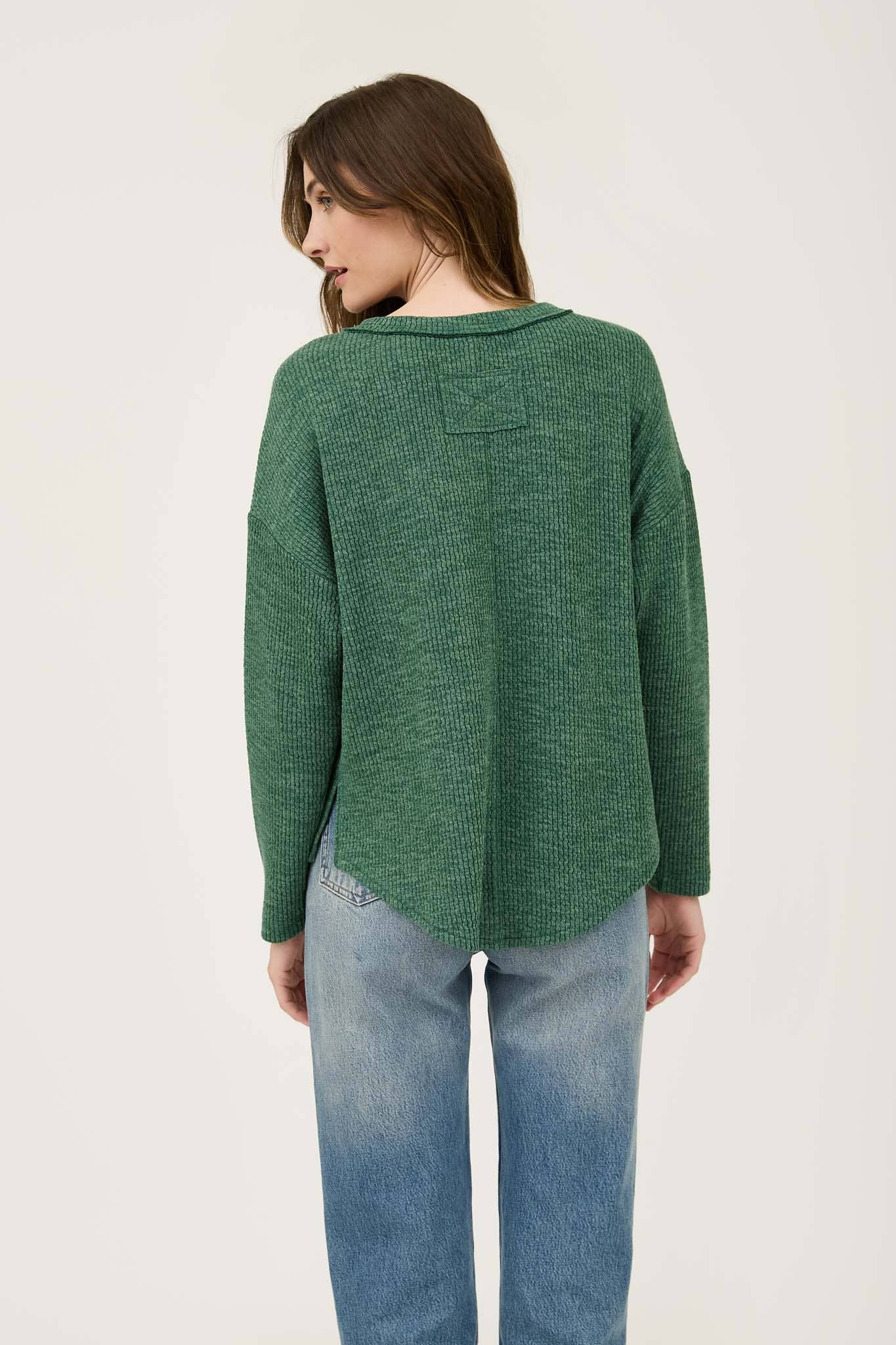 WAFFLE KNIT HENLEY LONG SLEEVE KNIT TOP (3 Colors)