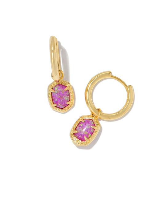 Kendra Scott DAPHNE FRAMED HUGGIE EARRINGS GOLD MAGENTA KYOCERA OPAL