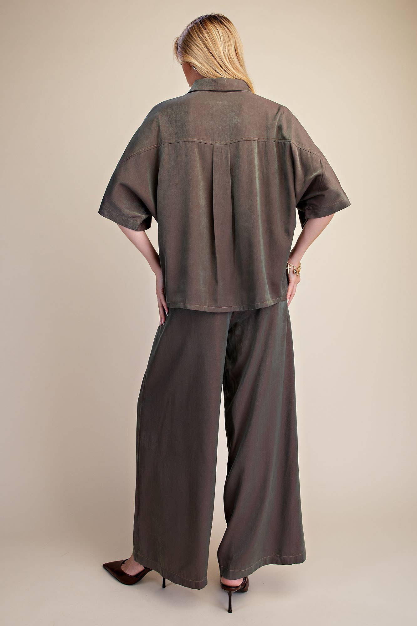 Button Down Flowy Shirt With Dolman Sleeve & Drawstring Wide Leg Pants Set
