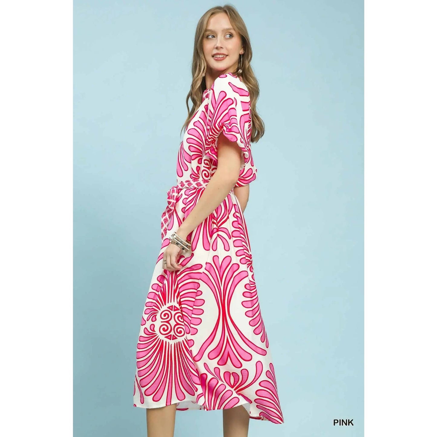 Geo Floral Belted Midi Dress