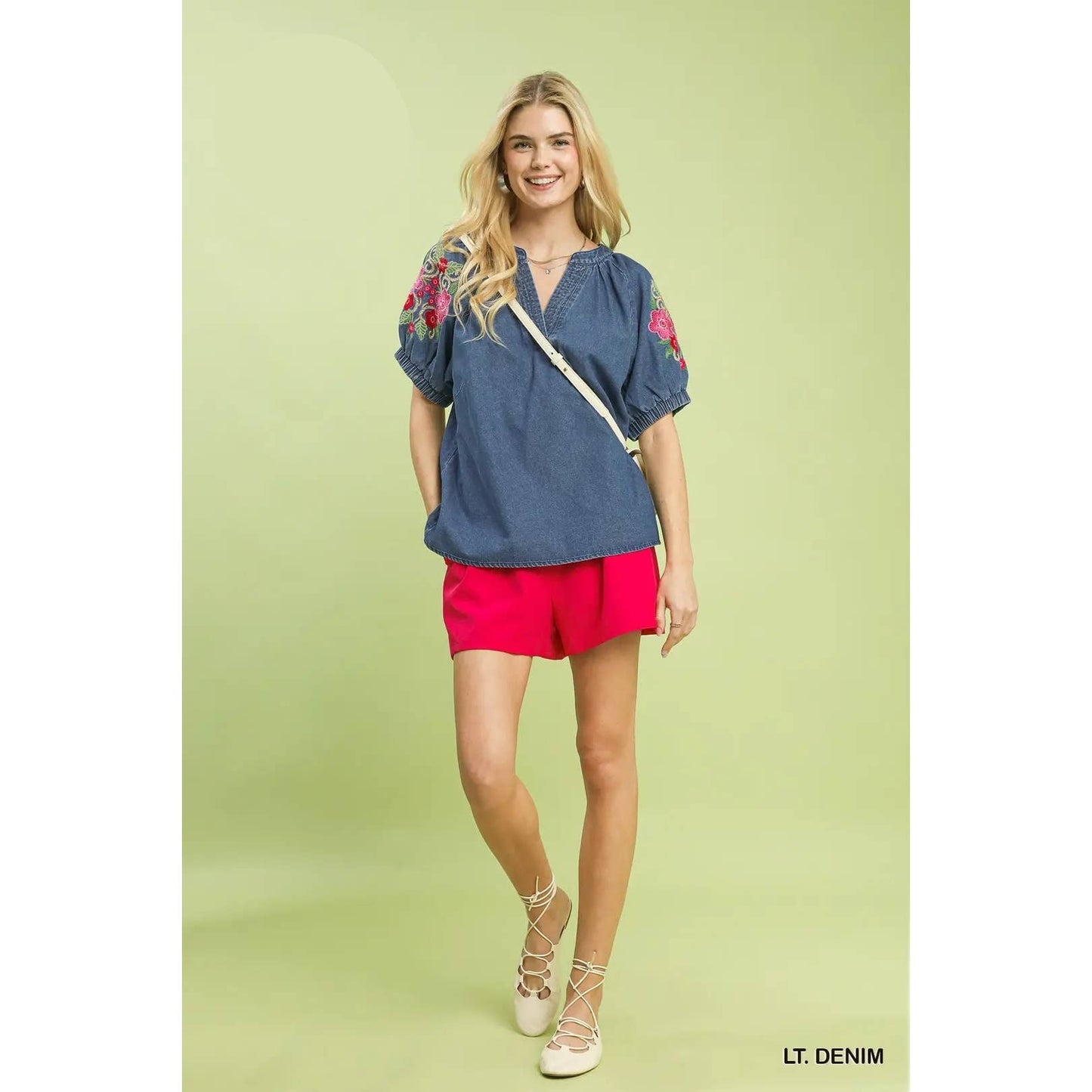 Denim Embroidered Puff Sleeve Boho Top