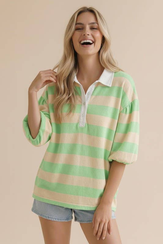 Stripe Button Down Bubble Sleeve Knit Top