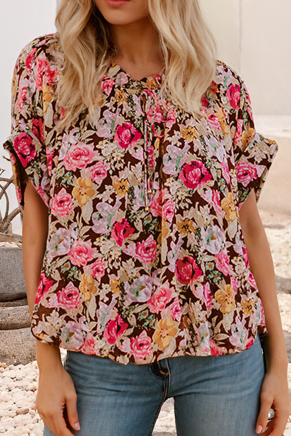 Floral Print Tie-Neck Short Sleeve Shift Blouse